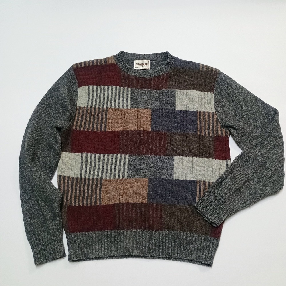 Vtg Campus USA Wool Blend Grey Geometric Block Colorful Grandpa Dad Sweater L
